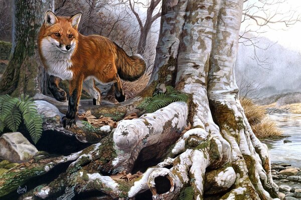 Red fox in the forest painting