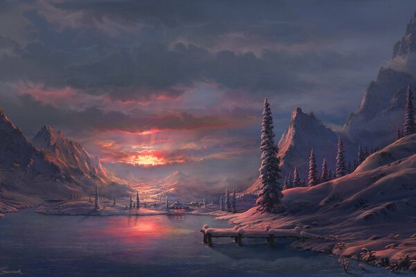 Art paysage de montagne d hiver