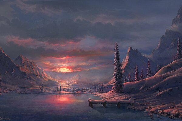 Art winter mountain landscape