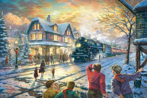 Картина поезд в рождественском городе