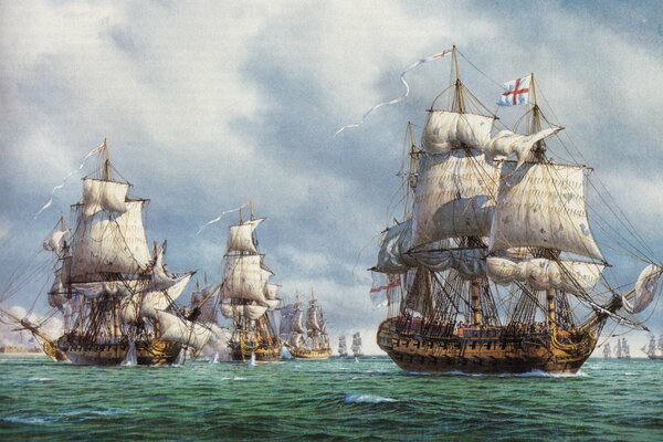 Sea battle of sailing ships on canvas