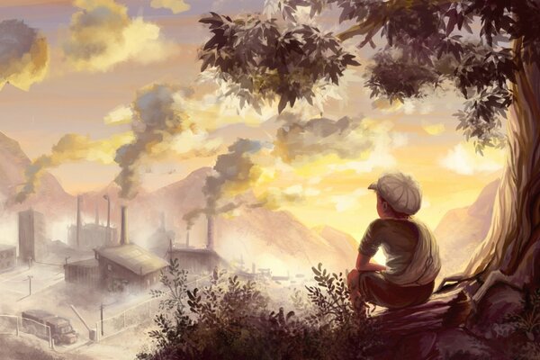 Peinture peinture art garçon sous l arbre plante fumée