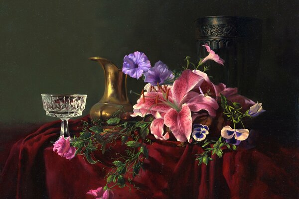 Alexey Antonov s still life with flowers and crystal