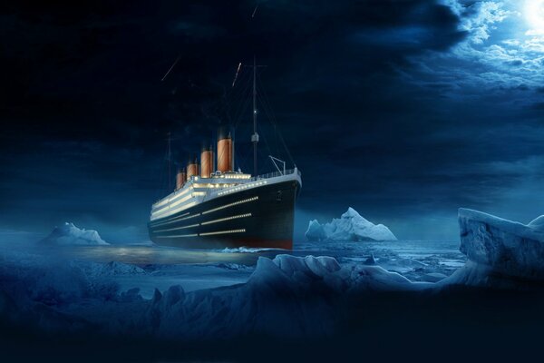 El Titanic navegando por la noche directamente sobre el iceberg