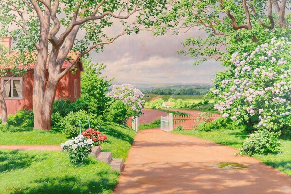 Landschaftsmalerei mit einem Haus und einem schönen Garten