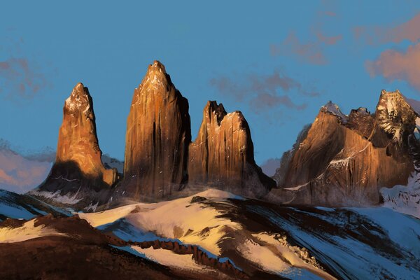 Rocas cubiertas de nieve dibujo de la tarde