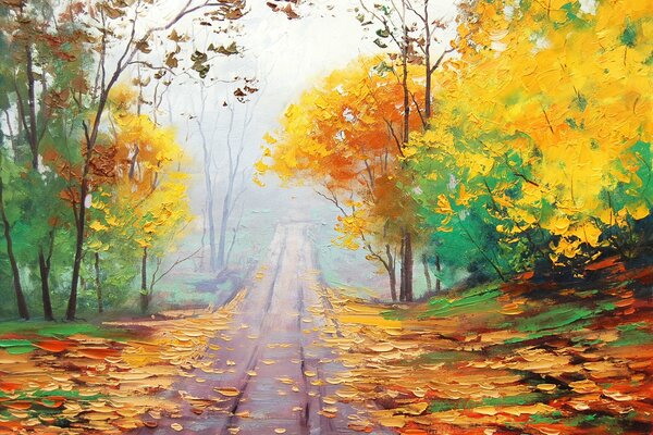 Art autumn road in the fog