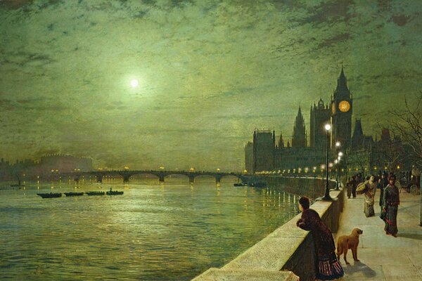 Nabrzeże rzeki w Londynie z latarniami, mostem i Big Benem