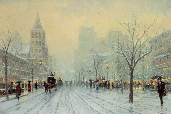 A picture of a snow - covered city street , people are walking , transport is going