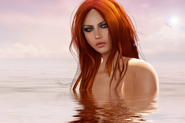 Rousse fille dans l eau