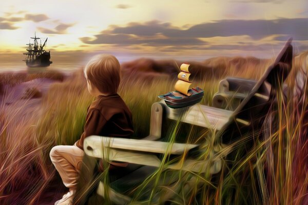 Le garçon est assis dans une chaise sur le rivage et rêve d un bateau