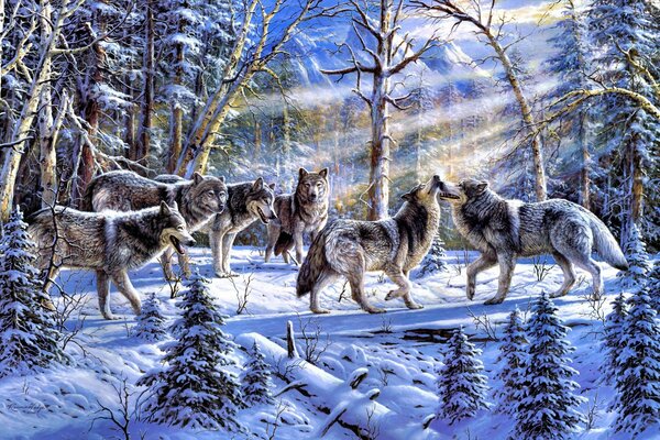 A pack of wolves in a picturesque snow-covered forest