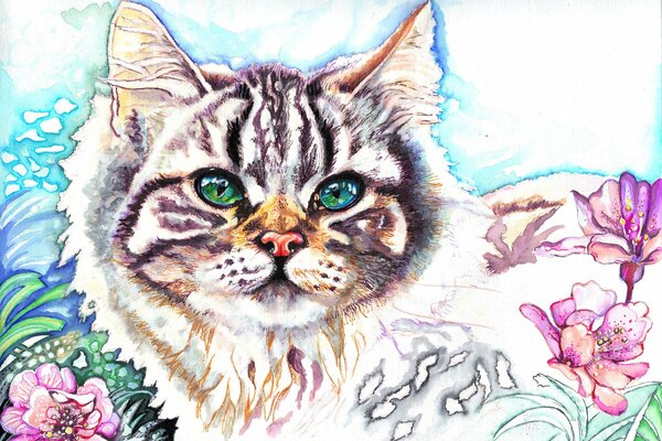 Painting animal cat with green eyes