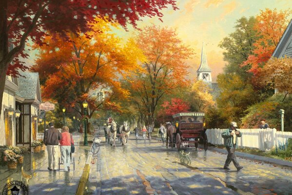 Malerei. Kleine Stadt im Herbst