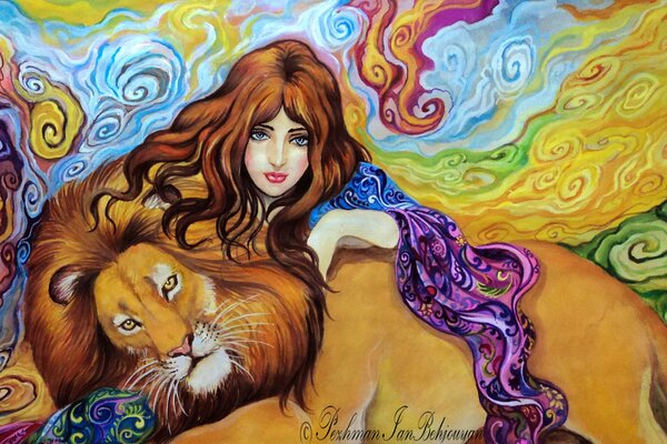 Art painting abstraction girl and animal