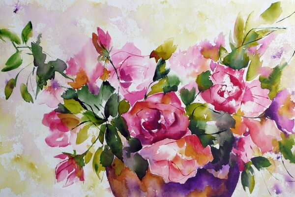 Watercolor painting in pink and green tones