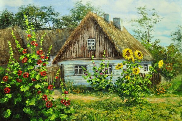 Painted village house in flowers