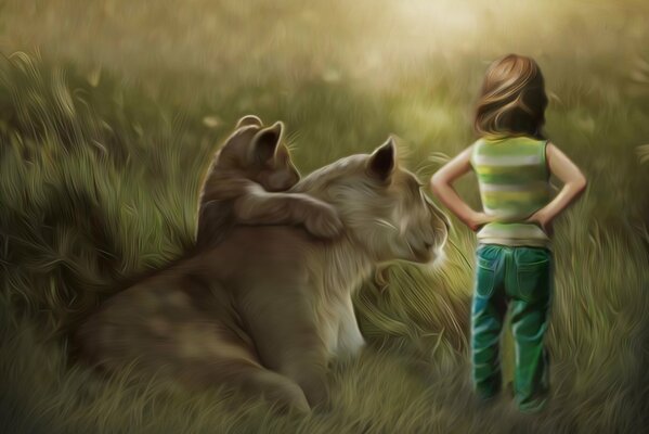 A girl in the grass next to a lioness and a lion cub