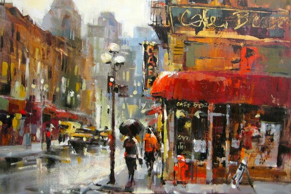 Lluvia de la calle de la ciudad, luces de la casa, pintura del paisaje de la ciudad