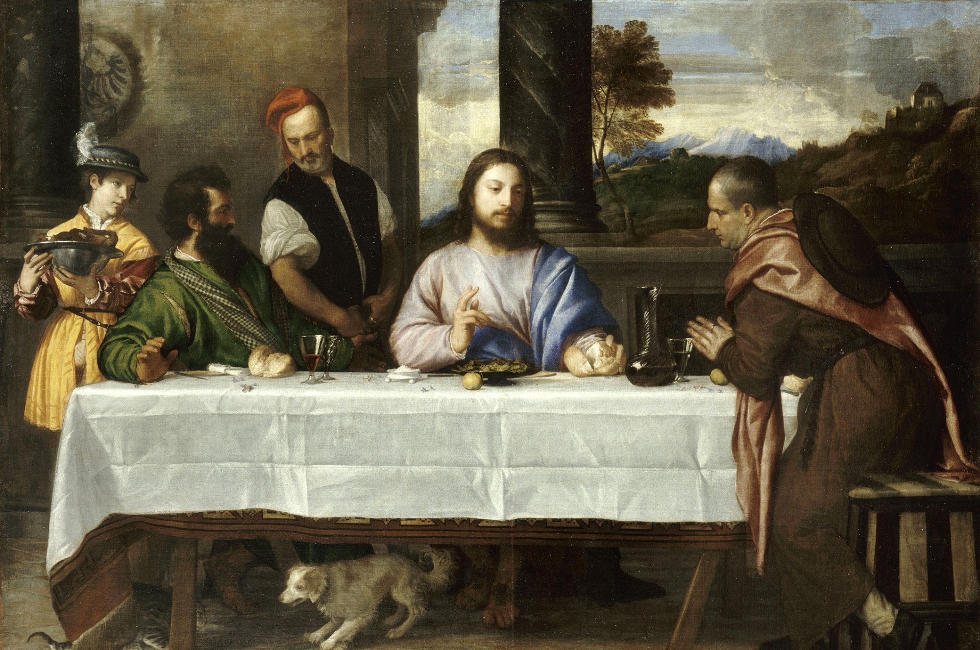 titien painting louvre emmaus bible story jesus christ wine table blessing titian vecellio king of painters painting dinner in emmaus christ disciples plot from the bible bread snow-white tablecloth gesture dog