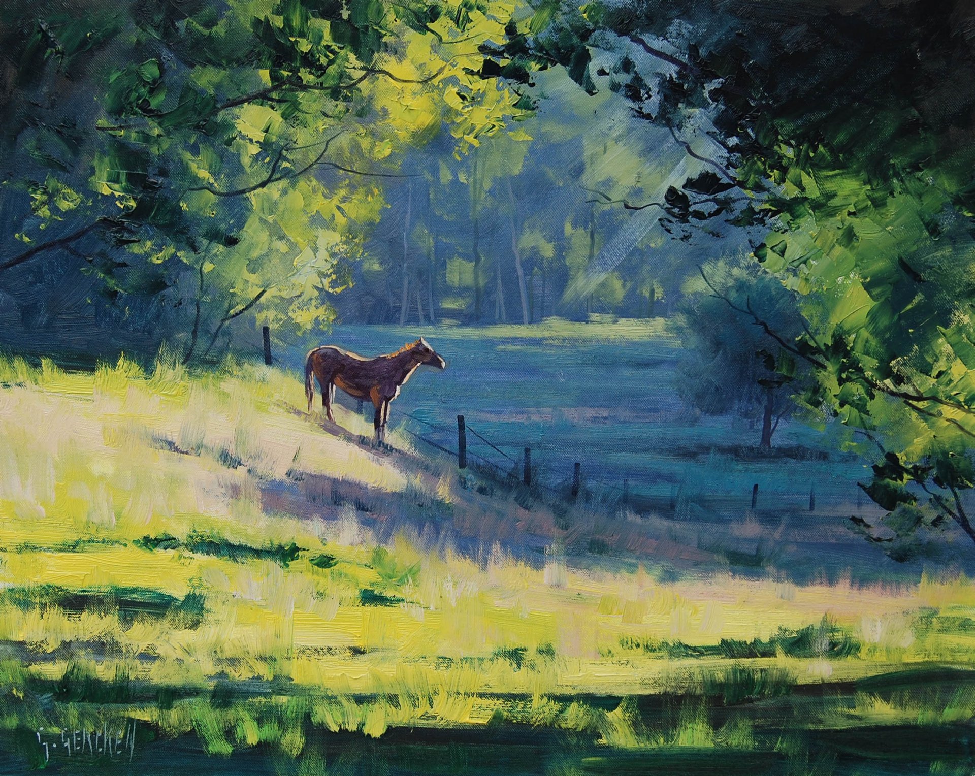 arte artsaus paesaggio cavallo cavallo alberi verde recinzione mattina