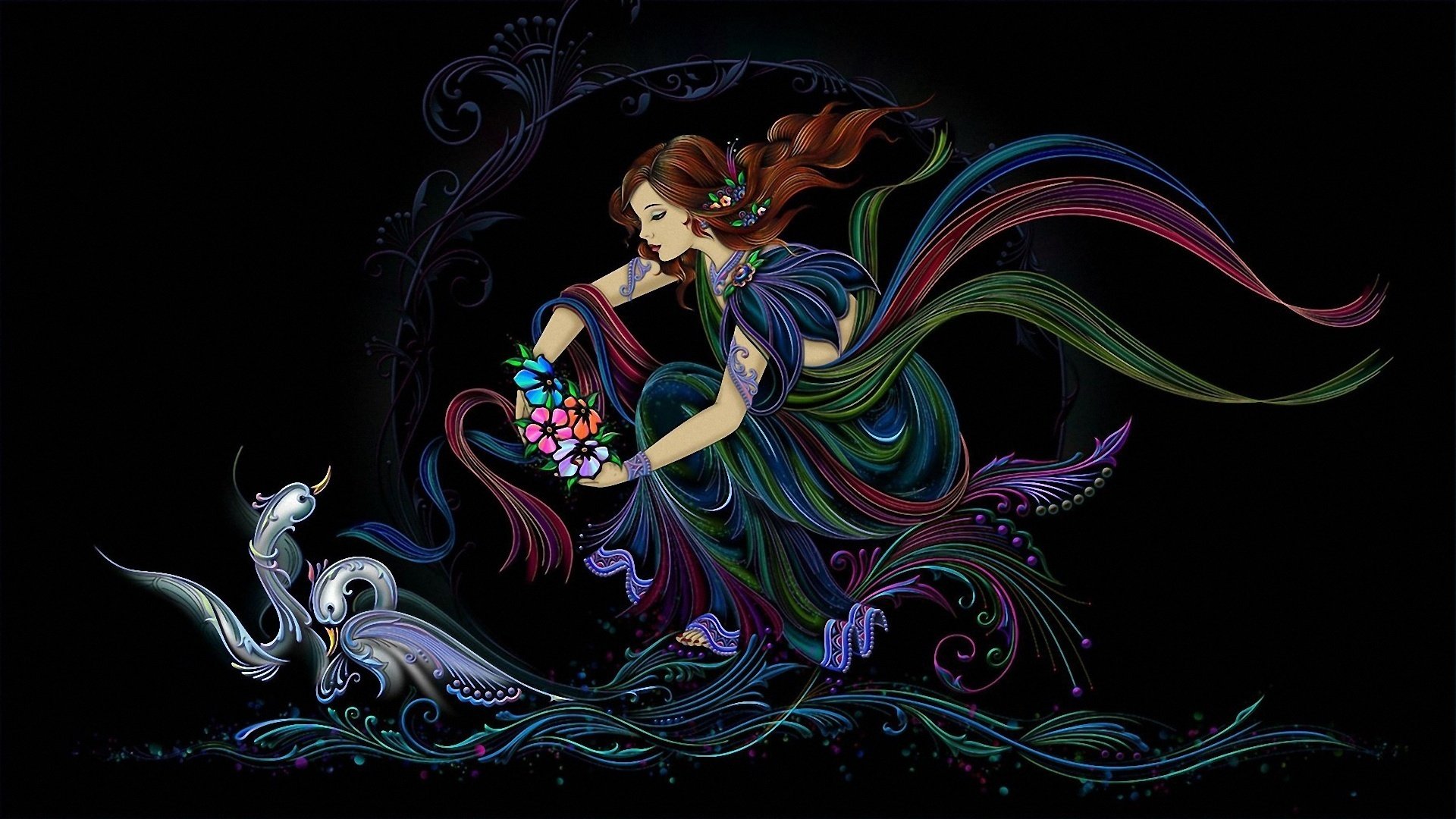 creativity girl swan flower wind wave