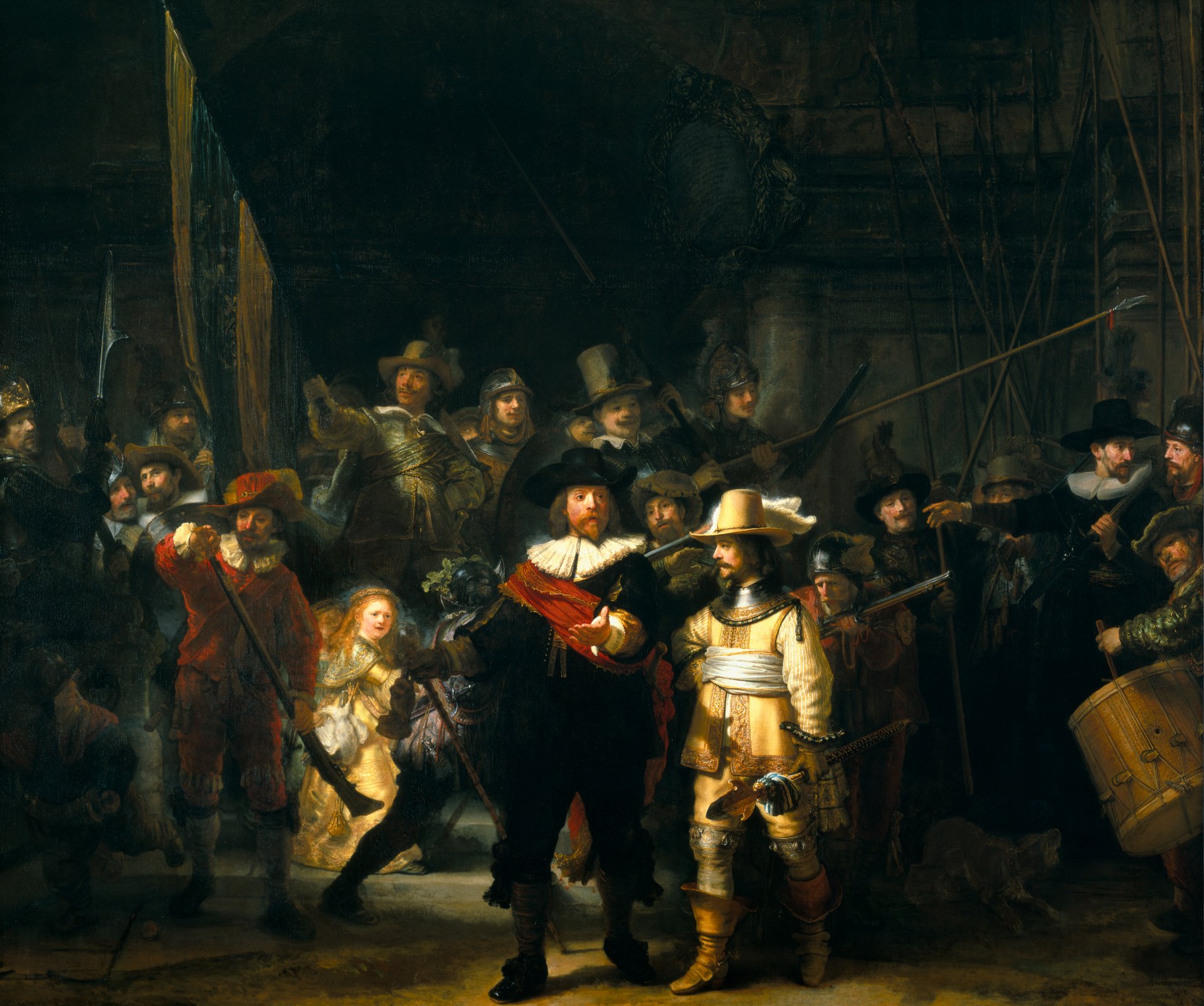 sztuka nachtwacht obraz straż nocna rembrandt harmens van rijn ludzie żołnierze kobieta tłum ludzie broń strzelby bębny szczyty pandemonium