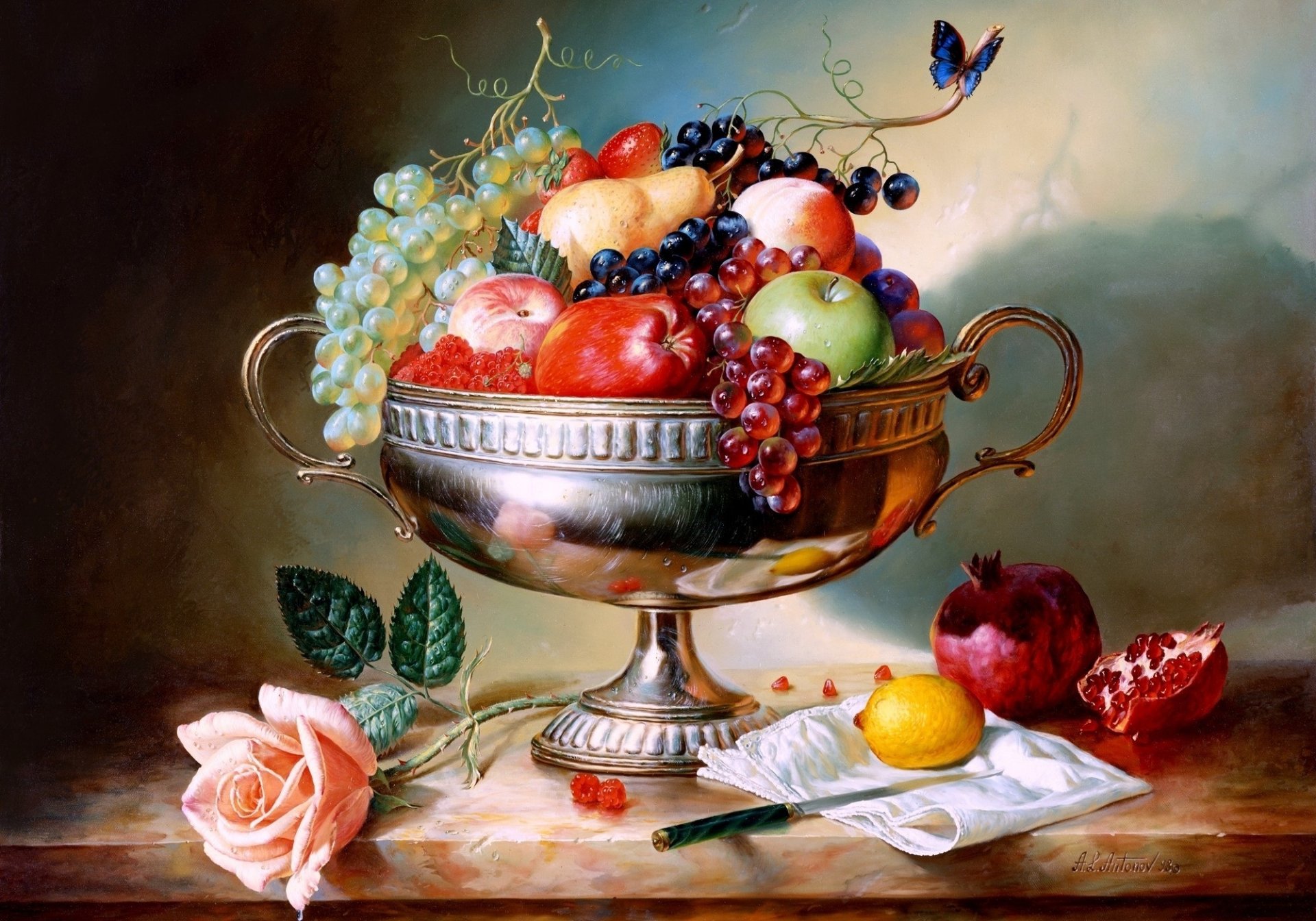 alexei antonov peinture nature morte raisin pommes poire grenade framboise fraise citron vase rose papillon couteau