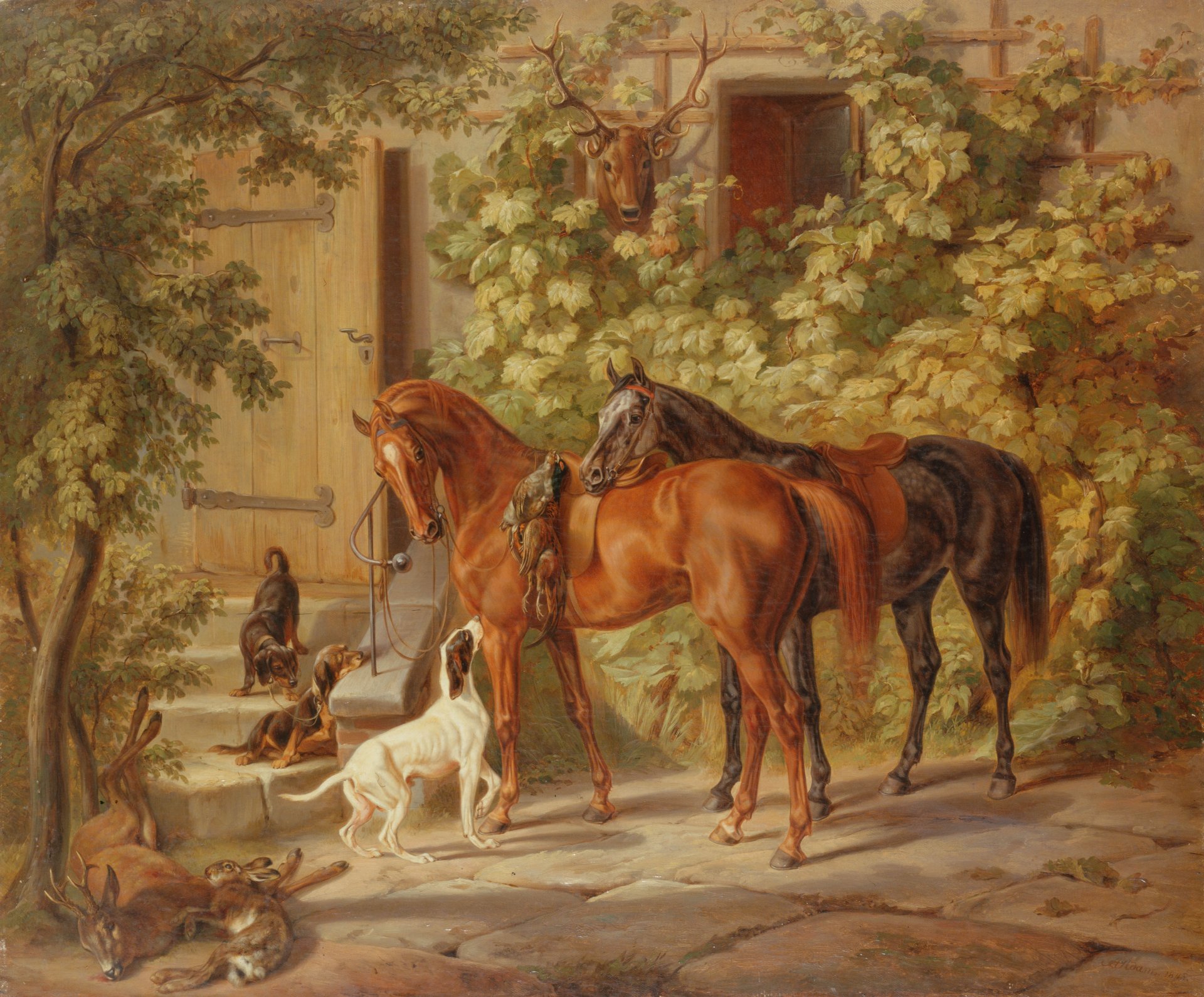 pittura dopo la caccia cavallo cane preda