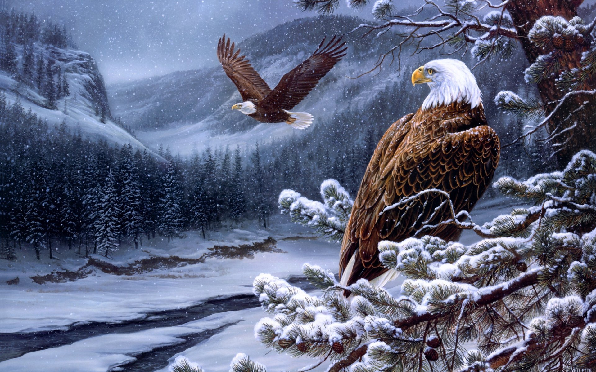 rosemary milette esprit des aigles sauvages peinture hiver rivière aigles aigle hiver forêt pin épinette montagne cônes