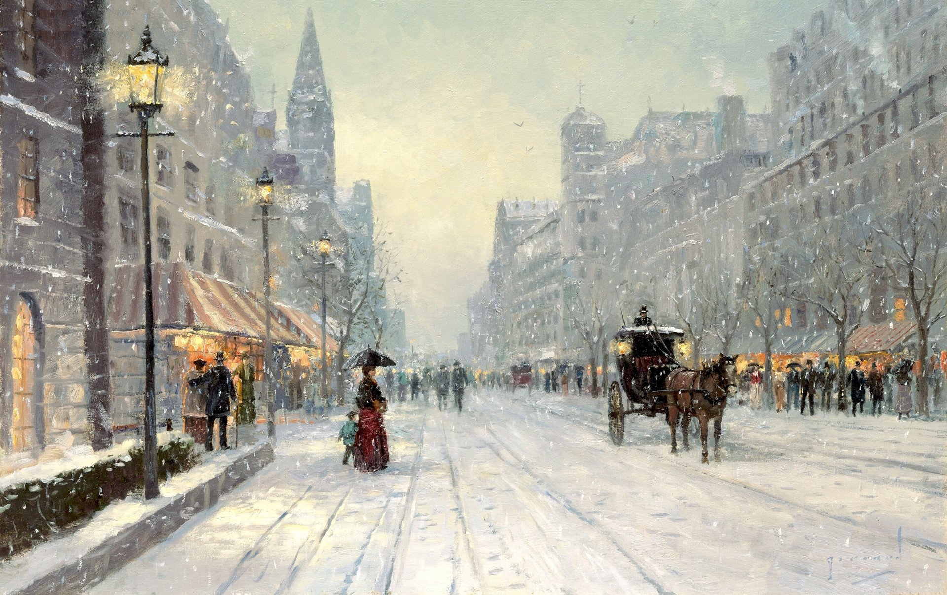 winter s dusk thomas kinkade painting city street winter snow horse town great avenue flakes house high-rise buildings lady umbrella coach pattern