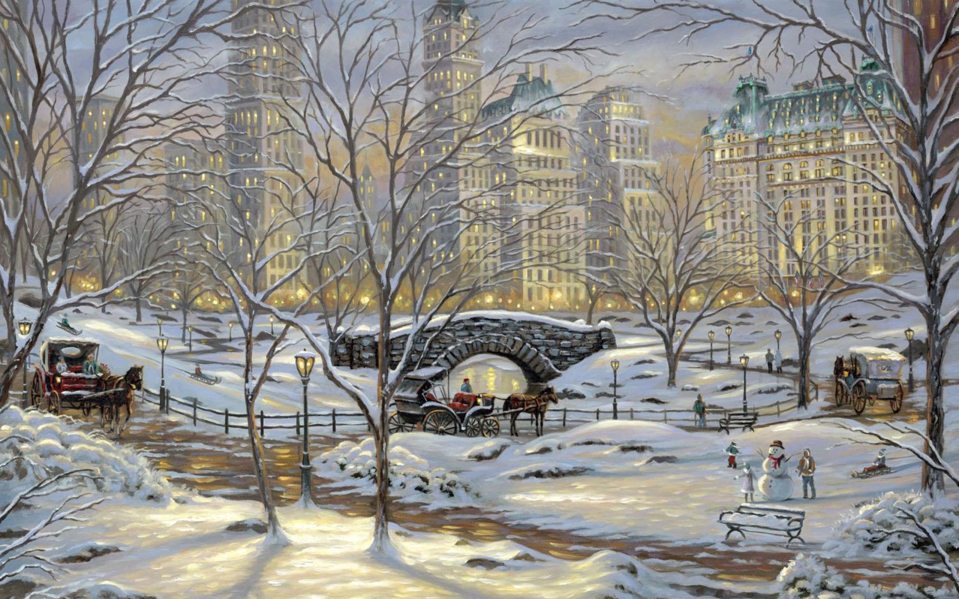 on the eve of winter robert finale art painting bridge river snow winter winter skyscrapers park snowman bench horses horses carriages lanterns light