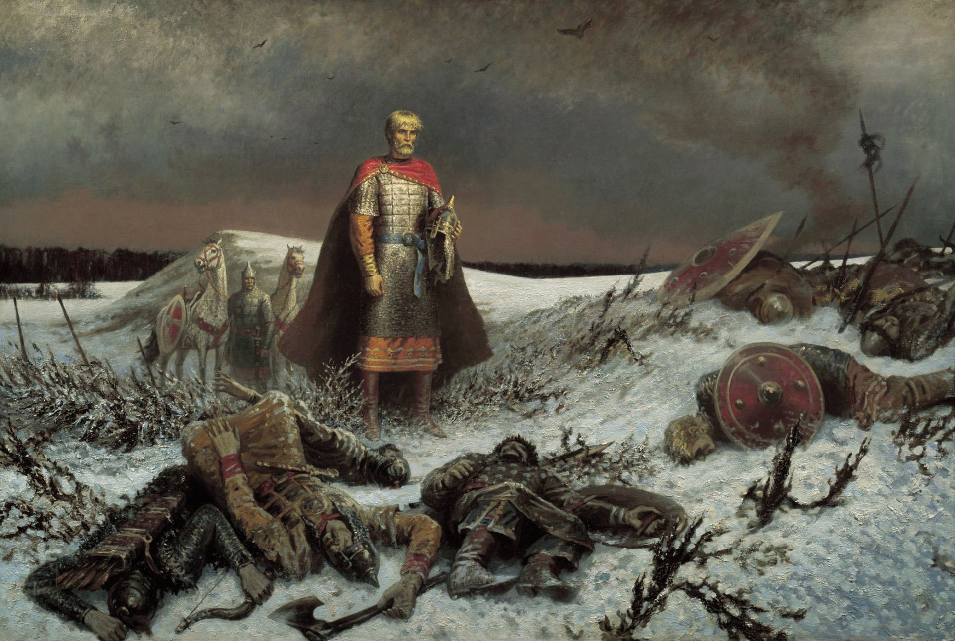 pintura guerreros caballeros rus de kiev secha campo batalla cuerpo tártaros