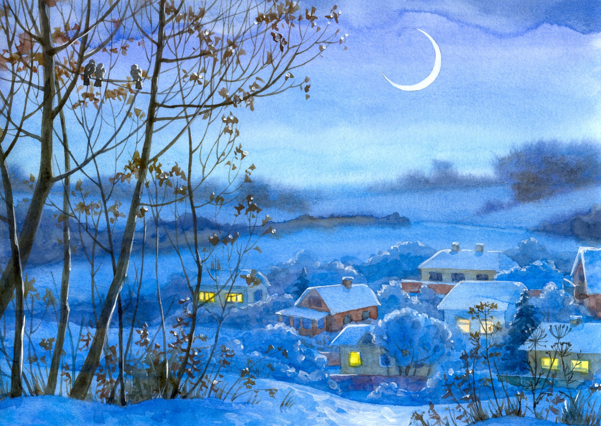 picture watercolor village winter night year snow tree valley