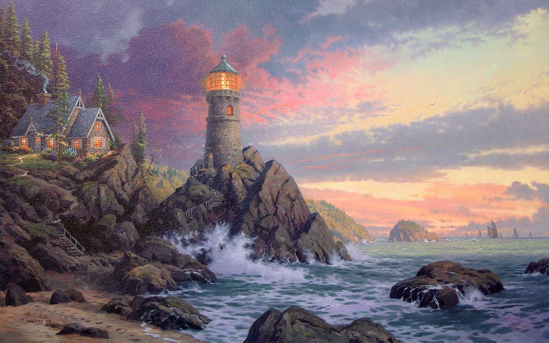 rock of salvation thomas kinkade painting art evening house kinkade lighthouse ocean rock sunset waves night sailboat