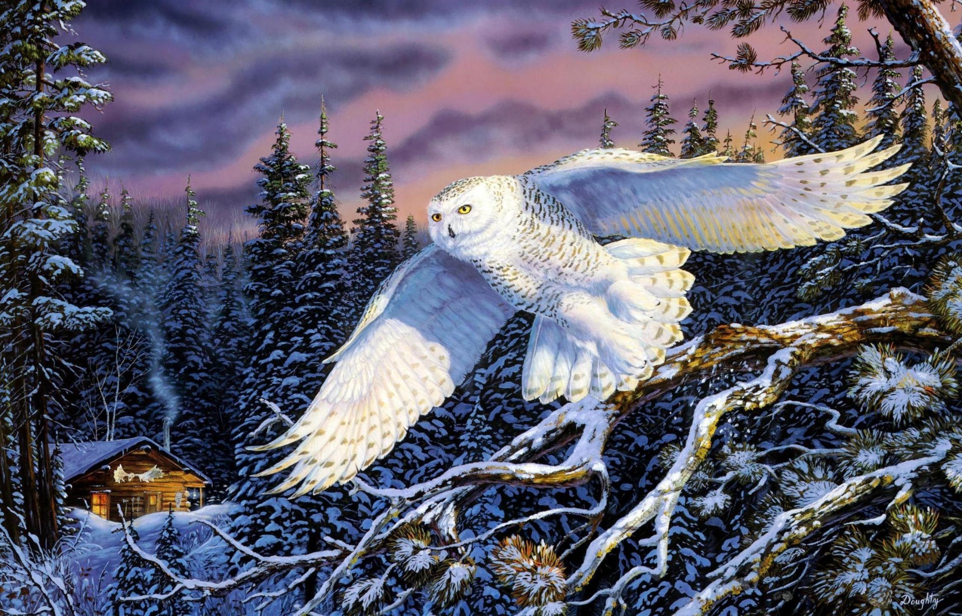 whisper on the wind terry doughty painting snow owl landscape nature owl winter forest spruce hut