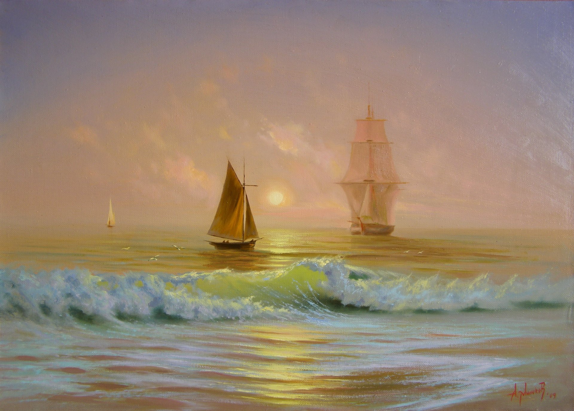 alexander milyukov sun dawn crimea sea ship boat sail wave pattern painting beauty