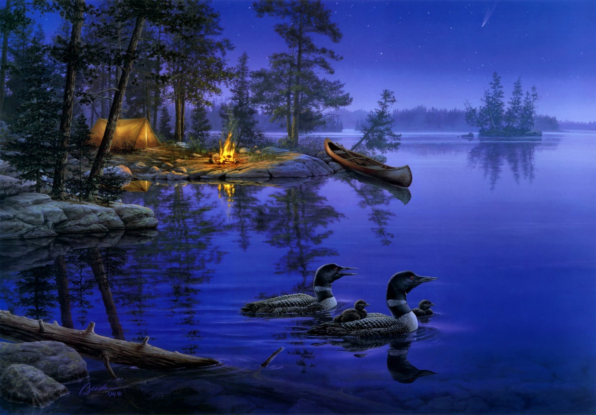 world away darrell bush painting night lake star forest ducks boat bonfire fire tent nature