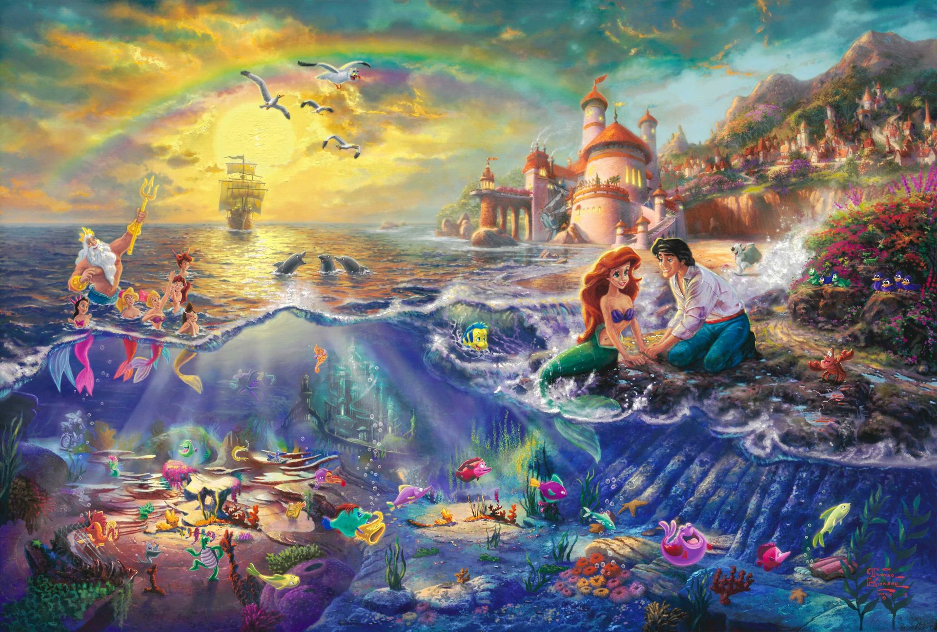 la sirenetta thomas kincaid pittura walt disney pictures principessa ariel nettuno principe eric disney principe castello vela arcobaleno cartone animato