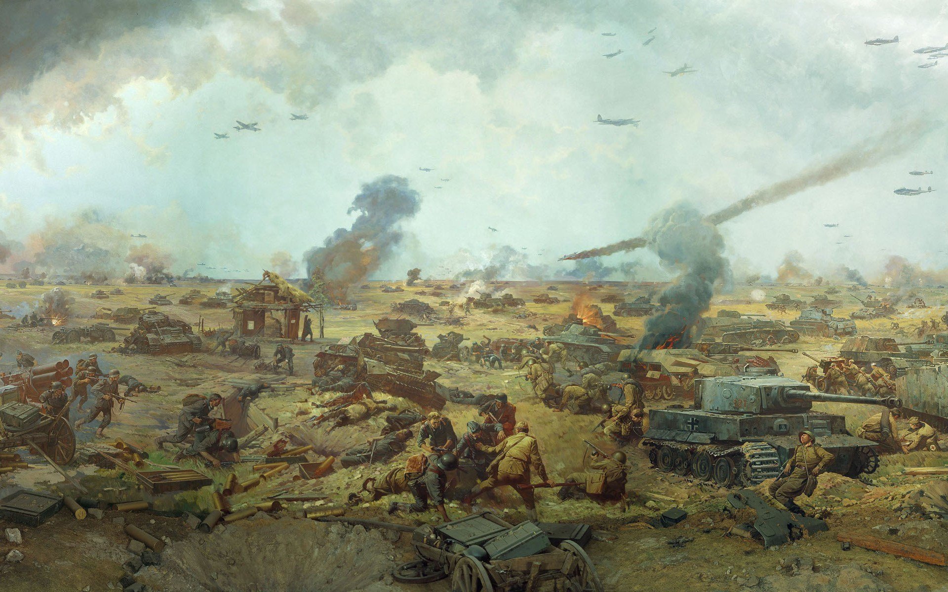 guerre massacre combat bataille seconde grande guerre patriotique peinture champ soldats russes allemands chars avions armes munitions fumée feu blessés cadavres