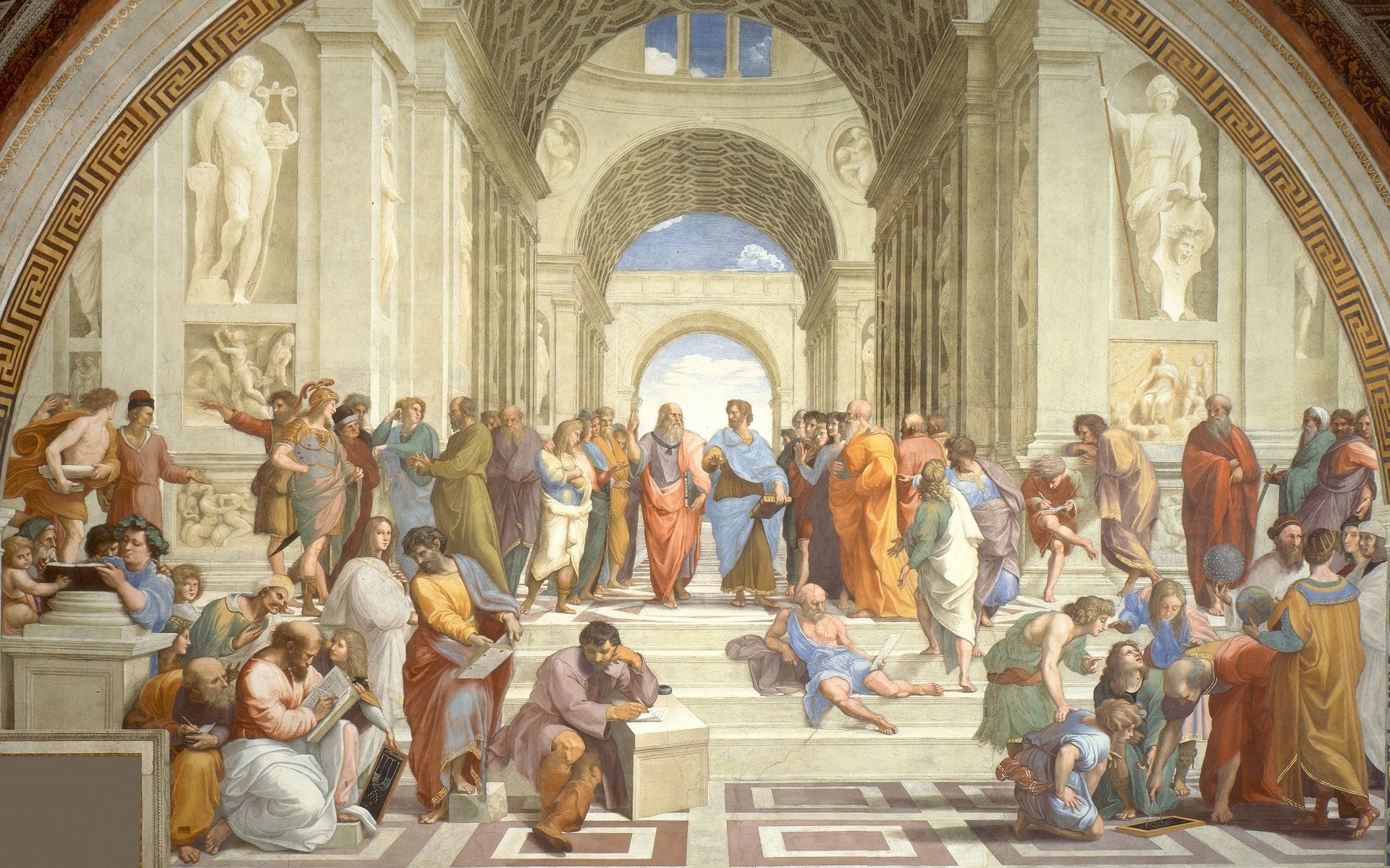 raphael santi raphaello santi school of athens school di atene painting art zeno of kitia epicurus frederico ii duke of mantua anaximander averroes pythagoras alexander the great antisthenes hypatia aeschines parmenides socrates heraclitus of ephesus p