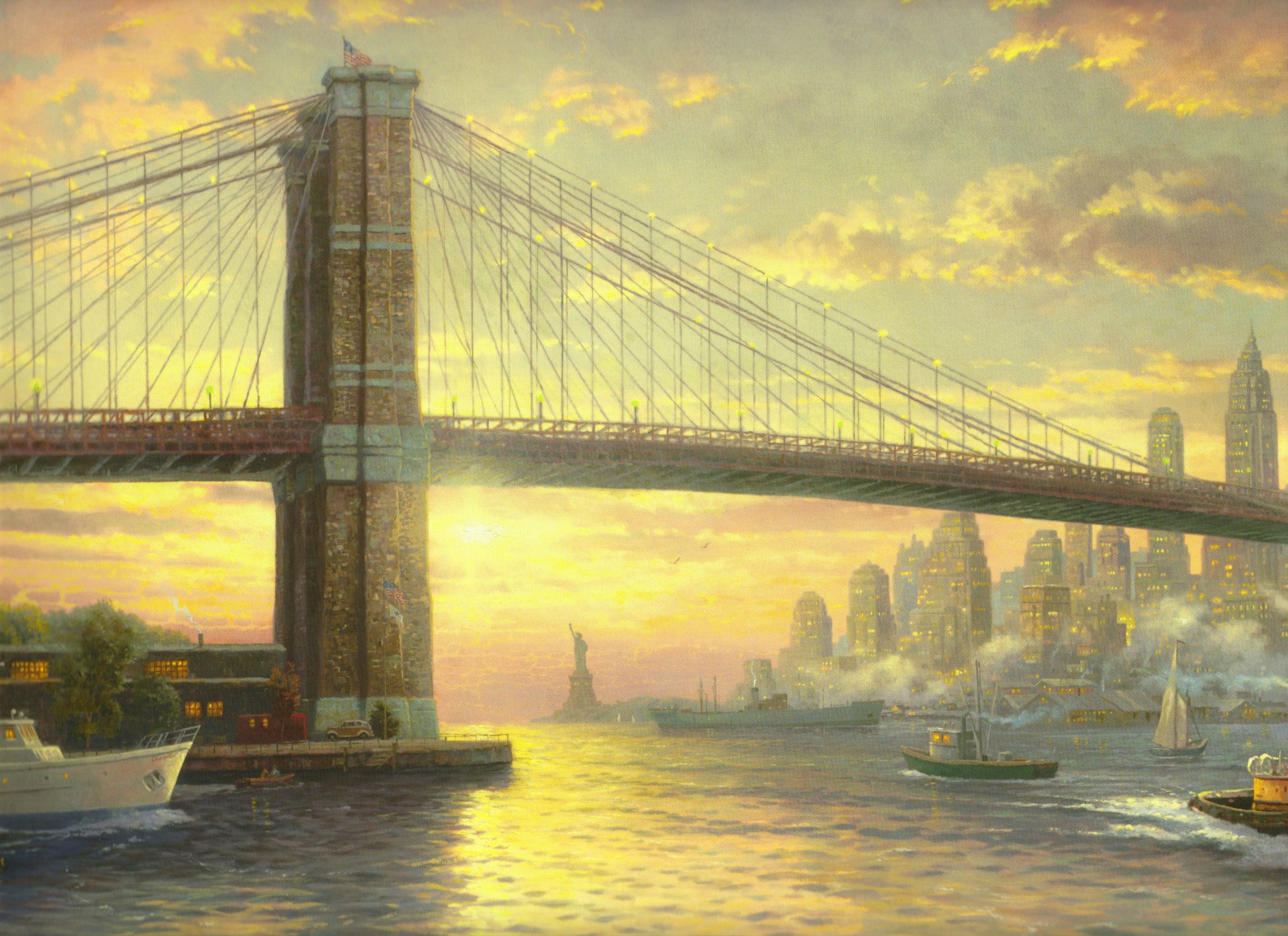 pirit of new york thomas kincaid painting new york city bridge usa flag statue of liberty metropolis high-rise buildings boat sail ocean