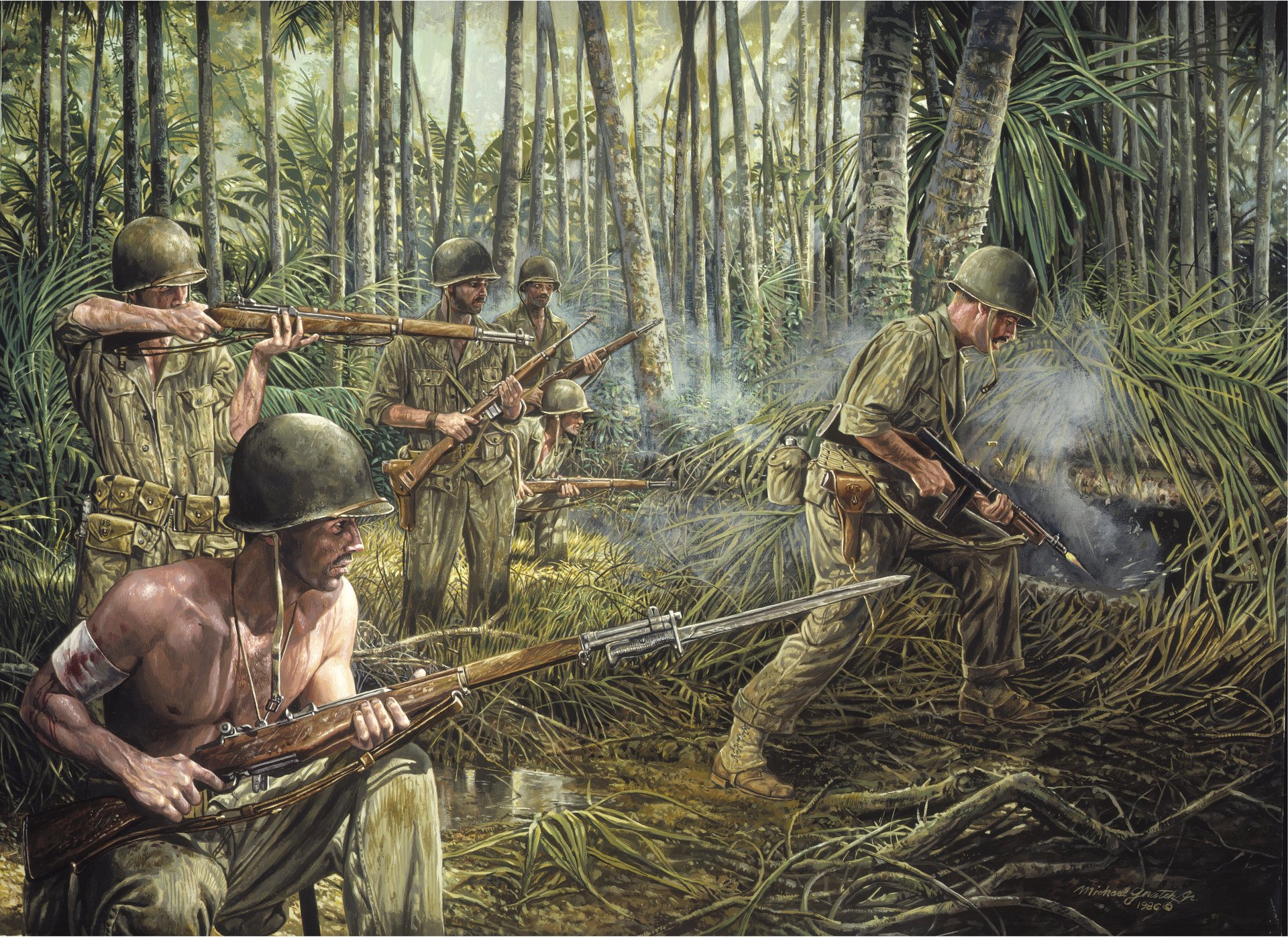 guerre jungle soldats armes fumée herbe