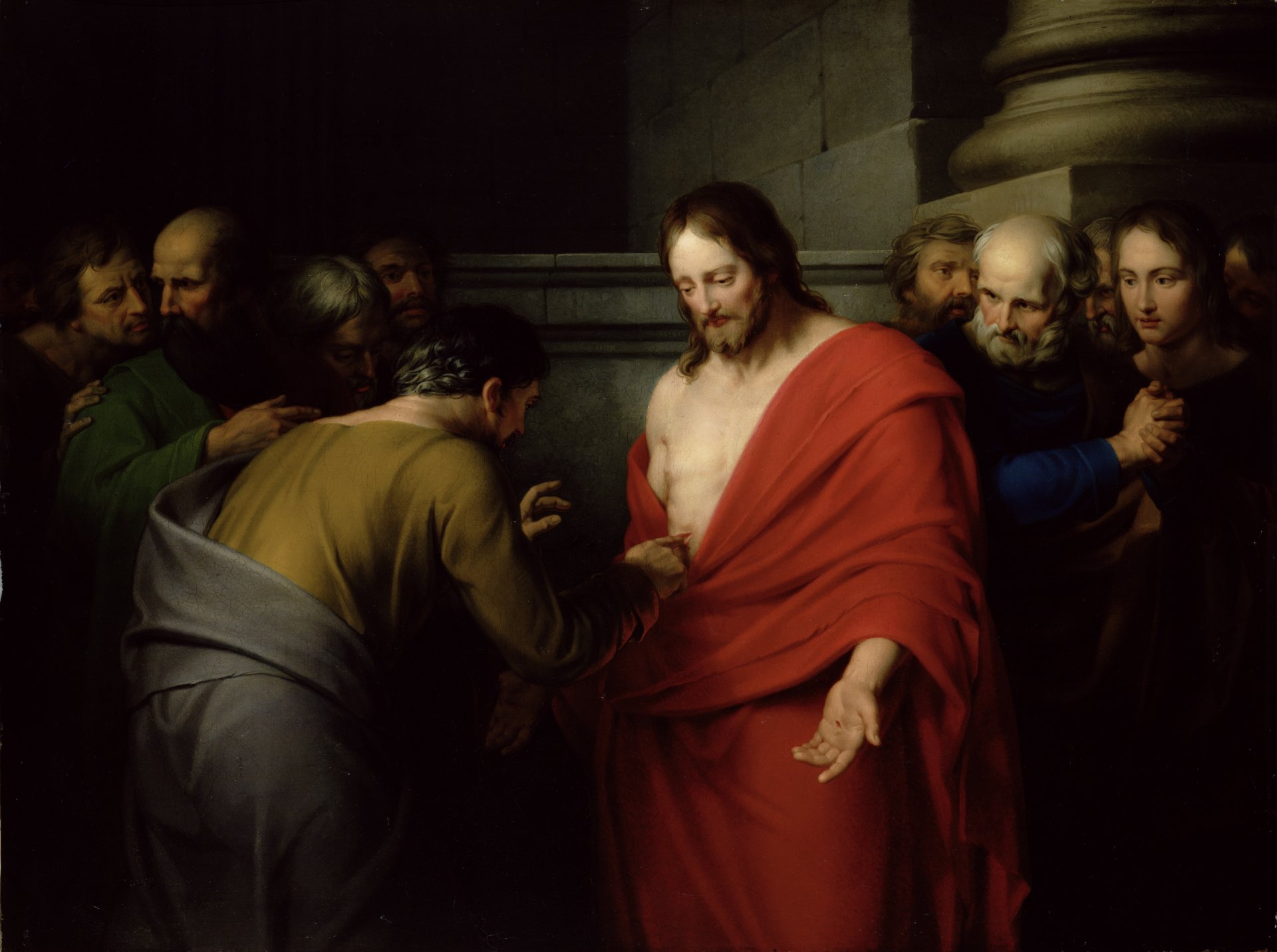 jésus de retour peinture jésus ressuscité thomas l incroyant manteau rouge blessure christ apôtres