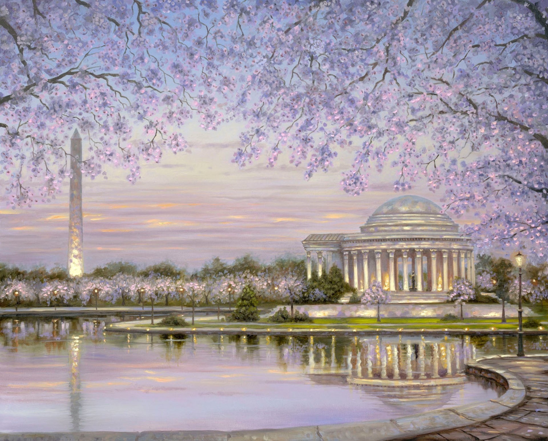 pring blossom robert finale painting spring park spring flowering flowers water lake pond obelisk gazebo with column