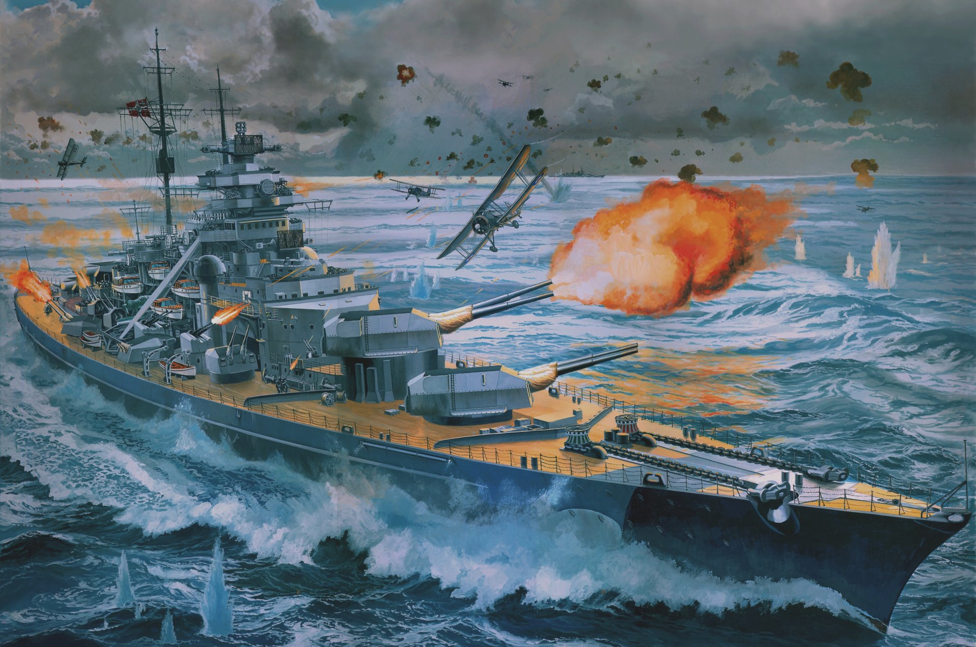 hip bismarck battleship cruiser sea battle plane shooting picture sky