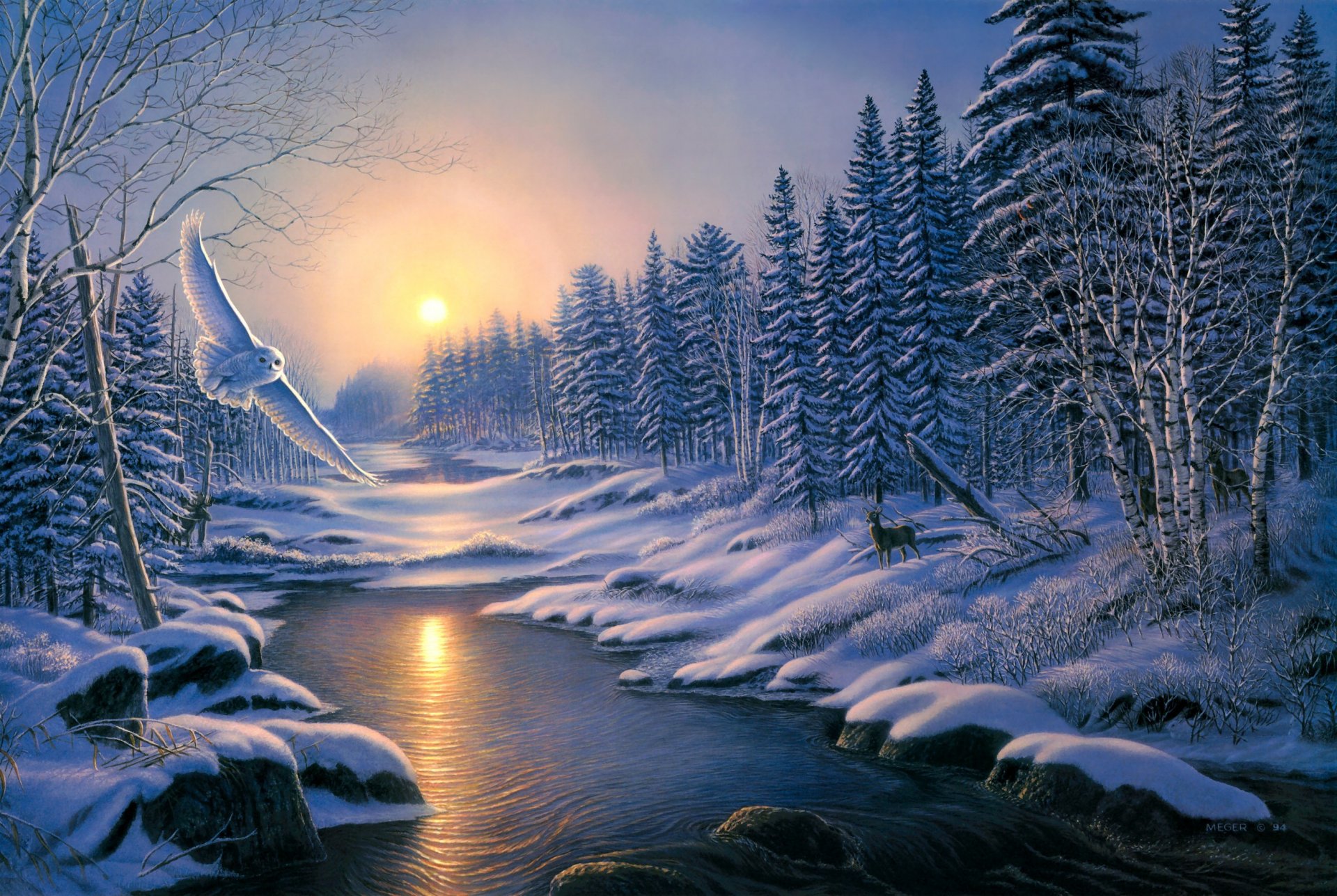 james meger solstice painting sunset winter ice snow nature bird owl trees winter forest spruce river owl deer animal