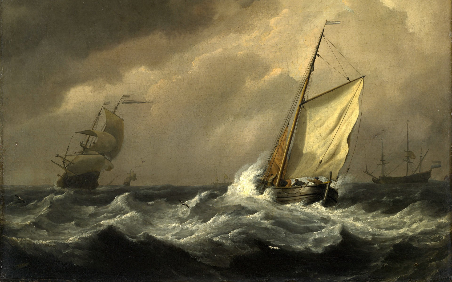 painting ships sailors sea storm storm waves painting