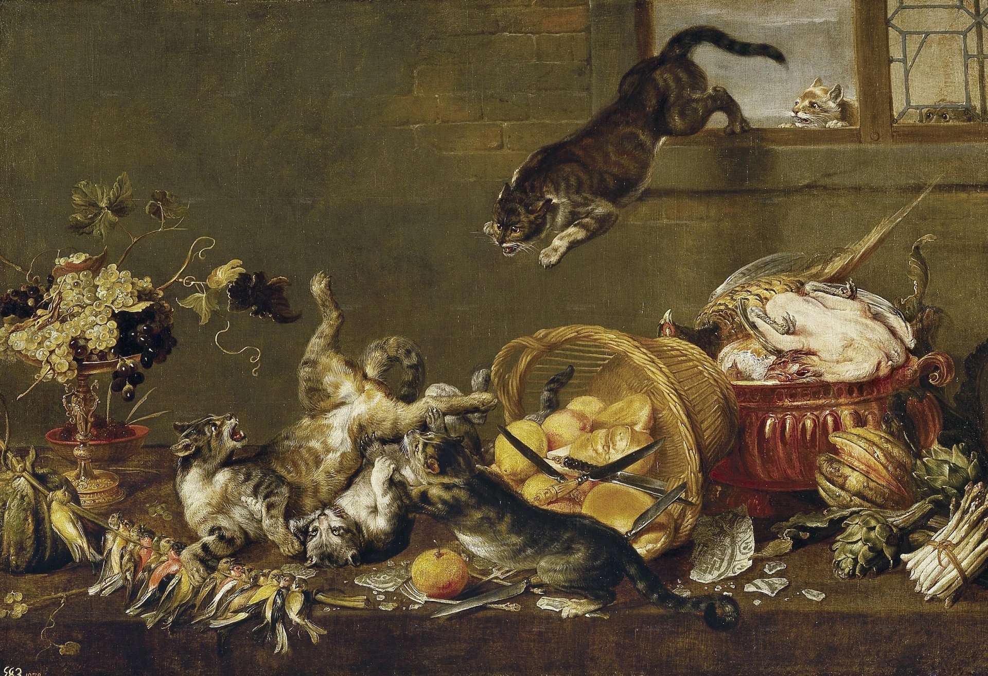 peinture flamande xviie siècle chats chats bagarre fruits légumes oiseau panier couteaux