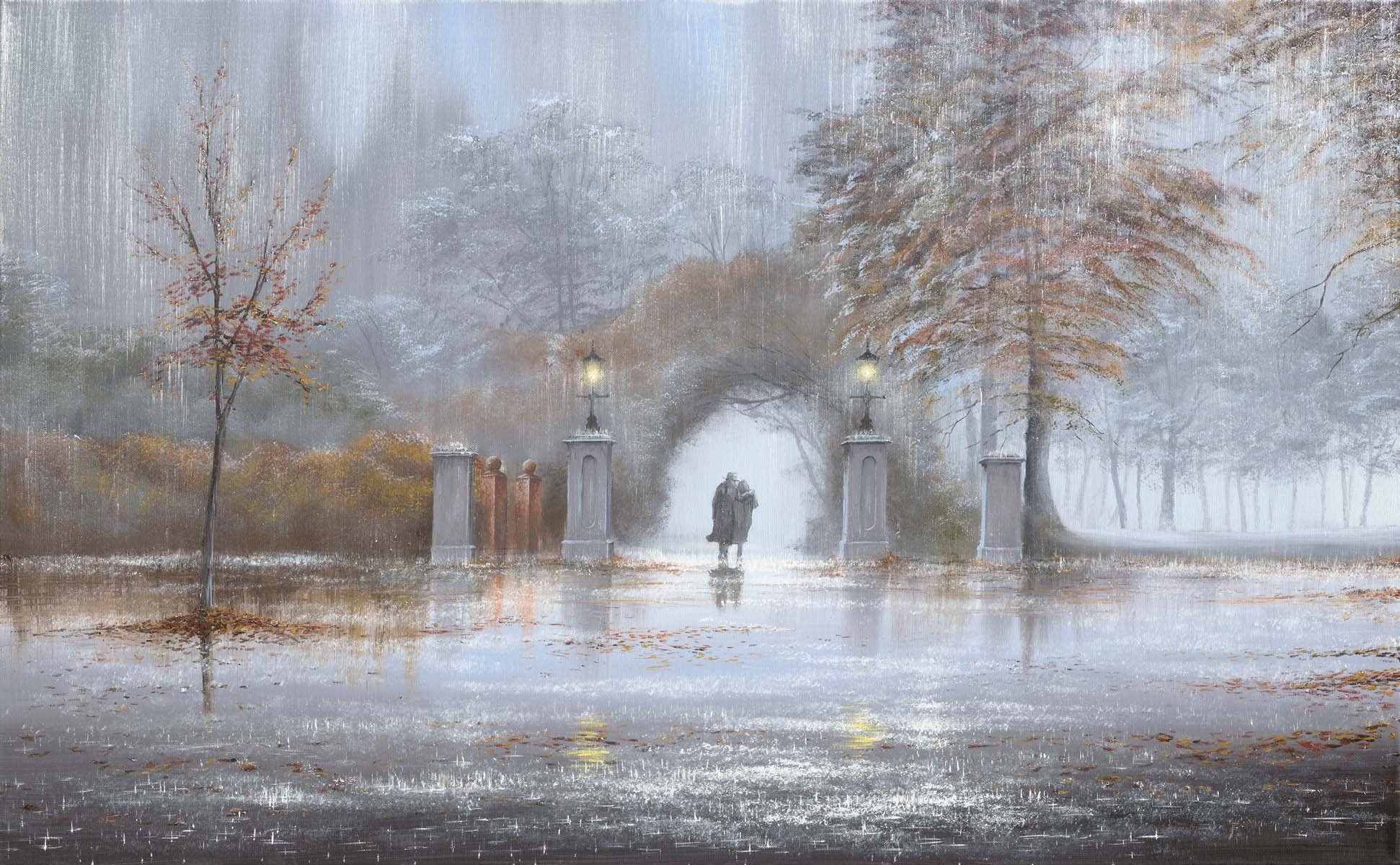 peinture jeff rowland pluie deux parc automne lanternes arche